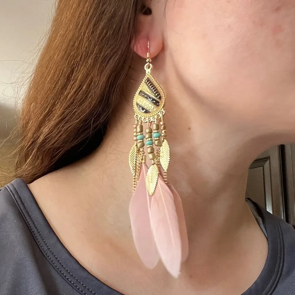 Vintage Style Feather Tassel Earrings‎ with Stainless Steel studs